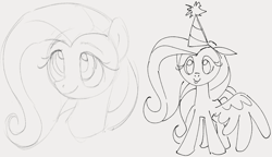 Size: 1008x580 | Tagged: safe, artist:dotkwa, derpibooru import, fluttershy, pegasus, pony, g4, bust, doodle, ears, floppy ears, gray background, hat, one wing out, party hat, simple background, solo, tongue, tongue out, wings