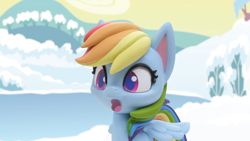 Size: 1920x1080 | Tagged: safe, derpibooru import, screencap, rainbow dash, pony, g4.5, my little pony: stop motion short, cute, dashabetes, female, ice, lake, mare, shocked, snow, solo, water