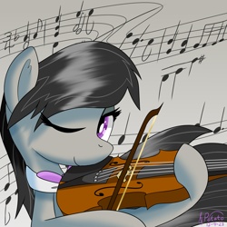 Size: 2000x2000 | Tagged: safe, artist:notadeliciouspotato, derpibooru import, octavia melody, earth pony, g4, abstract background, bow (instrument), bust, female, mare, musical instrument, necktie, one eye closed, signature, smiling, solo, violin