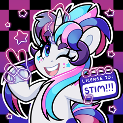 Size: 4000x4000 | Tagged: safe, artist:partypievt, derpibooru import, oc, oc:party pie, pony, unicorn, absurd resolution, autism, bipedal, eyebrows, eyebrows visible through hair, facial markings, fringe, frog (hoof), hand, id card, license, looking at you, magic, magic hands, one eye closed, peace sign, simple background, solo, telekinesis, text, underhoof, wink, winking at you