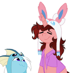 Size: 2920x2880 | Tagged: safe, artist:feather_bloom, derpibooru import, oc, oc:feather_bloom, oc:paige scribble(kaitykat), pegasus, pony, unicorn, clothes, eeveelution, goofy, hat, pokémon, shirt, silly, simple background, sylveon, vaporeon, white background