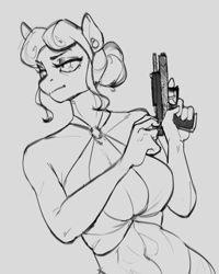 Size: 1827x2284 | Tagged: safe, artist:egil, derpibooru import, bon bon, sweetie drops, anthro, earth pony, g4, absolute cleavage, alternate hairstyle, belly button, big breasts, bon bombs, breasts, cleavage, clothes, dress, female, gray background, grayscale, gun, handgun, lidded eyes, mare, monochrome, pistol, secret agent sweetie drops, simple background, skimpy outfit, solo, weapon