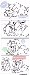 Size: 1671x4096 | Tagged: safe, artist:opalacorn, derpibooru import, oc, oc only, pony, unicorn, baby, baby pony, comic, commission, cross-popping veins, dialogue, emanata, foal, partial color, question mark, raspberry, simple background, speech bubble, trio, tummy buzz, white background