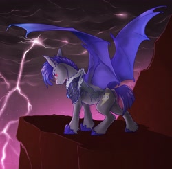 Size: 3713x3658 | Tagged: safe, artist:opalacorn, derpibooru import, oc, oc only, oc:thunder run, bat pony, pony, armor, bat pony oc, cliff, commission, glowing, glowing eyes, gray coat, lightning, male, night guard, purple mane, purple tail, purple wings, red eyes, solo, spread wings, stallion, storm, tail, thunderstorm, wings