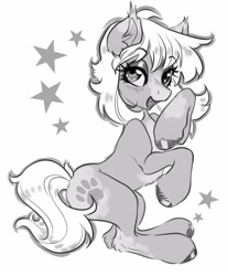 Size: 2815x3413 | Tagged: safe, artist:opalacorn, derpibooru import, oc, oc only, earth pony, pony, commission, grayscale, lidded eyes, looking at you, monochrome, open mouth, open smile, simple background, smiling, solo, stars, unshorn fetlocks, white background