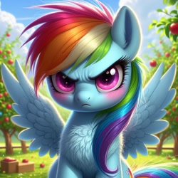 Size: 1024x1024 | Tagged: safe, ai content, derpibooru import, generator:dall-e 3, machine learning generated, rainbow dash, pegasus, pony, g4, angry, apple, apple orchard, blurry background, blushing, chest fluff, cloud, cute, cute when angry, dashabetes, ear fluff, ears, female, filly, filly rainbow dash, foal, food, frown, grass, looking at you, madorable, orchard, outdoors, prompter:tyto4tme4l, rainbow dash is not amused, sky, solo, spread wings, unamused, wings, younger
