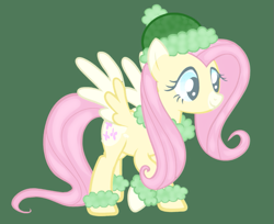 Size: 821x670 | Tagged: safe, artist:hivecicle, derpibooru import, fluttershy, pegasus, pony, g4, blue eyes, christmas, clothes, coat markings, colored wings, green background, hat, holiday, multicolored wings, pink hair, simple background, solo, wings, yellow coat
