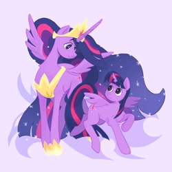 Size: 2048x2048 | Tagged: safe, artist:stinky_bug_, derpibooru import, princess twilight 2.0, twilight sparkle, twilight sparkle (alicorn), alicorn, pony, g4, the last problem, duality, duo, female, height difference, looking at each other, looking at someone, mare, older, older twilight, older twilight sparkle (alicorn), purple background, self paradox, self ponidox, simple background, spread wings, time paradox, wings