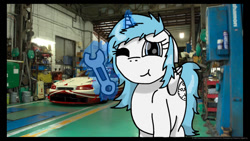 Size: 622x350 | Tagged: safe, artist:foxfer64_yt, derpibooru import, oc, oc only, oc:nara (fl), alicorn, car, cute, female, looking at you, mare, one eye closed, racecar, smiling, solo, wink, wrench
