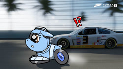 Size: 1192x670 | Tagged: safe, artist:foxfer64_yt, derpibooru import, oc, oc only, oc:silverstream (robot pony), pony, robot, robot pony, car, circuit, confident, ears back, fast, forza motorsport 7, nascar, race, racecar, racing, solo