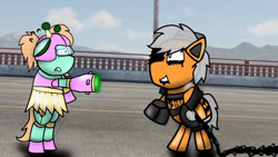 Size: 1014x571 | Tagged: safe, artist:foxfer64_yt, derpibooru import, oc, oc only, oc:ferro, oc:goldheart, original species, pony, robot, robot pony, bridge, cannon, crazy eyes, duo, ears back, fear, ferrofluid, fight, frightened, photo, sword, weapon