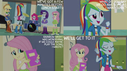 Size: 2000x1123 | Tagged: safe, derpibooru import, edit, edited screencap, editor:quoterific, screencap, applejack, fluttershy, pinkie pie, rainbow dash, rarity, equestria girls, g4, rainbow rocks, drum set, humane five, keytar, lockers, musical instrument, piano