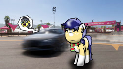 Size: 1192x670 | Tagged: safe, artist:foxfer64_yt, derpibooru import, oc, oc only, oc:thunder (fl), oc:twostep, earth pony, pegasus, pony, airpods, car, clothes, drifting, duo, festival, forza horizon, happy, listening to music, photo, scarf, shocked, smiling