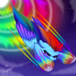 Size: 2000x2000 | Tagged: safe, artist:skyboundsiren, derpibooru import, rainbow dash, pegasus, g4, background, canon, cloud, colored wings, female, flying, gradient mane, gradient wings, night, sonic rainboom, stars, wings