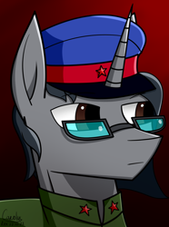 Size: 1248x1680 | Tagged: safe, artist:carolus rex, derpibooru import, oc, oc only, pony, unicorn, equestria at war mod, bust, clothes, equestria rises still (equestria at war submod), glasses, gradient background, horn, male, military uniform, portrait, solo, stallion, unicorn oc, uniform, uniform hat