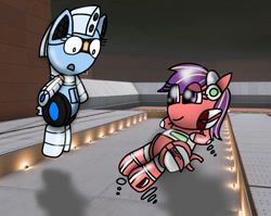 Size: 1002x797 | Tagged: safe, artist:foxfer64_yt, derpibooru import, oc, oc only, oc:red ruby, oc:silverstream (robot pony), pony, robot, robot pony, amazed, bipedal, duo, floating, lying down, photo, relaxed, space, spaceship, zero gravity