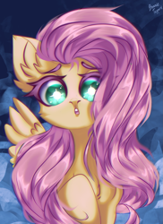 Size: 1483x2032 | Tagged: safe, artist:mysha, derpibooru import, fluttershy, pegasus, pony, g4, :o, colored eyebrows, eyebrows, female, looking at you, mare, open mouth, solo, sparkly eyes, wingding eyes, wings