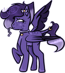 Size: 894x1004 | Tagged: safe, artist:thecommandermiky, derpibooru import, oc, oc only, oc:miky command, pegasus, accessory, bow, collar, eyes open, female, folded wings, full body, hair bow, jewelry, mare, pegasus oc, purple eyes, purple hair, raised hoof, raised leg, ring, short hair, short tail, simple background, solo, spots, spread wings, tail, tail ring, transparent background, wings