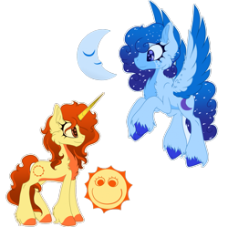 Size: 1925x1914 | Tagged: safe, artist:bryony6210, derpibooru import, pegasus, pony, unicorn, blue coat, cheek fluff, chest fluff, coat markings, curly hair, curly tail, ethereal mane, eyelashes, female, freckles, galaxy mane, galaxy tail, hooves, horn, long horn, moon, orange mane, orange tail, pegasus wings, ponified, simple background, species swap, spread wings, sun, tail, the amazing digital circus, transparent background, two toned coat, unicorn horn, unshorn fetlocks, wings, yellow coat