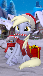 Size: 2160x3840 | Tagged: safe, artist:owlpirate, derpibooru import, derpy hooves, pegasus, pony, g4, 3d, 4k, candy, candy cane, christmas, clothes, female, food, hat, high res, holiday, looking at you, mare, mouth hold, present, santa hat, scarf, sitting, smiling, smiling at you, snow, snowman, solo, source filmmaker