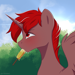 Size: 2048x2048 | Tagged: safe, artist:chickenbrony, derpibooru import, oc, oc:hardy, alicorn, pony, blush lines, blushing, drool, food, looking away, male, male alicorn, male alicorn oc, popsicle, red eyes, side view, spread wings, stallion, suggestive eating, wings