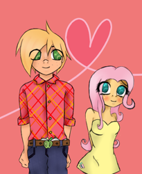 Size: 376x459 | Tagged: safe, artist:geritarusame, derpibooru import, big macintosh, fluttershy, human, g4, 2012, belt, blushing, breasts, clothes, denim, dress, duo, duo male and female, eye clipping through hair, female, fluttermac, freckles, heart, humanized, jeans, male, pants, plaid, shipping, smiling, straight