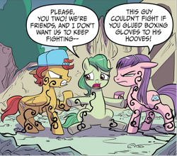 Size: 761x669 | Tagged: safe, artist:michela cacciatore, derpibooru import, idw, earth pony, pegasus, pony, g4, spoiler:comic, spoiler:comicgenerations05, backwards ballcap, baseball cap, cap, corrupted, dialogue, female, gritted teeth, hat, horrified, male, mare, my little pony: generations, speech bubble, stallion, teeth, trio focus, unnamed character, unnamed pony