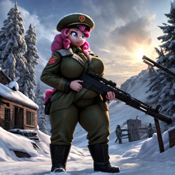 Size: 1024x1024 | Tagged: safe, ai content, derpibooru exclusive, derpibooru import, generator:stable diffusion, machine learning generated, pinkie pie, anthro, earth pony, g4, big breasts, boots, breasts, chubby, clothes, female, gun, huge breasts, military uniform, pinkie pies, prompter:professordoctorc, shoes, snow, soviet, soviet union, uniform, weapon, world war ii