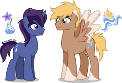 Size: 2622x1786 | Tagged: safe, artist:stellardusk, derpibooru import, oc, oc only, oc:night shade, oc:solar winds, pegasus, pony, unicorn, g4, ears up, feathered wings, femboy, horn, larger male, looking at each other, looking at someone, male, male oc, pegasus oc, pegasus wings, pony oc, short mane, short tail, simple background, size difference, smaller male, smol, spread wings, stallion, stallion oc, tail, transparent background, unicorn oc, wavy mouth, wings