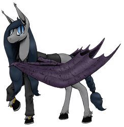 Size: 1249x1280 | Tagged: safe, artist:darkhestur, derpibooru import, oc, oc only, oc:dark, bat pony, pony, undead, vampire, vampony, 2024 community collab, bat pony oc, bracelet, braid, braided tail, clothes, derpibooru community collaboration, horseshoes, jacket, jewelry, leather, leather jacket, looking at you, mixed media, simple background, solo, tail, transparent background