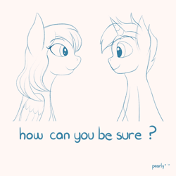 Size: 2000x2000 | Tagged: safe, artist:pearly* marshmallow, derpibooru import, oc, oc only, pegasus, unicorn, duo, female, horn, looking at each other, looking at someone, male, monochrome, pegasus oc, simple background, sitting, sketch, smiling, song reference, text, unicorn oc, white background