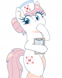 Size: 1638x2048 | Tagged: safe, artist:leo19969525, derpibooru import, nurse redheart, earth pony, pony, g4, bipedal, blushing, clipboard, cute, eye clipping through hair, eyebrows, eyebrows visible through hair, female, hat, heartabetes, hoof over mouth, mare, nurse hat, simple background, solo, white background