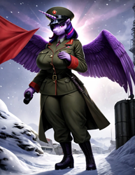 Size: 789x1024 | Tagged: safe, ai content, derpibooru exclusive, derpibooru import, generator:stable diffusion, machine learning generated, twilight sparkle, twilight sparkle (alicorn), alicorn, anthro, g4, big breasts, binoculars, boots, breasts, clothes, female, flag, hat, headlight sparkle, huge breasts, military uniform, prompter:professordoctorc, shoes, snow, soviet union, trenchcoat, uniform, world war ii