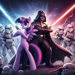 Size: 1024x1024 | Tagged: safe, ai content, derpibooru import, machine learning generated, twilight sparkle, twilight sparkle (alicorn), alicorn, human, pony, g4, bipedal, darth vader, dexterous hooves, female, life support, lightsaber, male, prompter:meshari7, sith, star wars, stormtrooper, weapon, wrong cutie mark