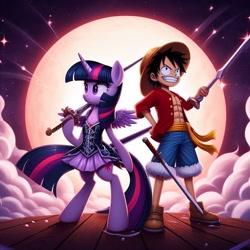 Size: 1024x1024 | Tagged: safe, ai content, derpibooru import, machine learning generated, twilight sparkle, twilight sparkle (alicorn), alicorn, human, pony, g4, bipedal, clothes, dress, female, grin, male, monkey d. luffy, one piece, prompter:meshari7, smiling, solo, sword, weapon