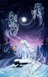 Size: 1170x1852 | Tagged: safe, artist:inowiseei, oc, oc only, oc:wintertide, pony, unicorn, windigo, horn, moon, night, snow, unicorn oc