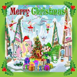 Size: 1920x1920 | Tagged: safe, artist:cloudyglow, artist:creaciones-jean, artist:misty114, artist:user15432, derpibooru import, fluttershy, human, pegasus, pony, bush, candy, candy cane, card, christmas, christmas 2023, christmas card, christmas decoration, christmas decorations, christmas fairy, christmas lights, christmas ornament, christmas ornaments, christmas presents, christmas star, christmas tree, christmas wreath, crossover, decoration, fairies, fairies are magic, fairy, fairy wings, food, green wings, hand on hip, hat, holiday, holly, house, image, luigi, magic, magic aura, magic wand, merry christmas, merry christmas 2023, misletoe, open mouth, open smile, ornament, ornaments, png, ponyville, present, santa hat, smiling, snow, staff, super mario bros., tree, wings, winter, wreath
