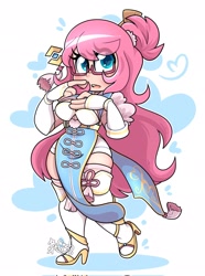 Size: 1520x2048 | Tagged: safe, artist:befishproductions, derpibooru import, oc, oc only, oc:fluffle puff, human, beidou (genshin impact), breasts, clothes, commission, cosplay, costume, eye clipping through hair, female, genshin impact, glasses, heart, heart eyes, high heels, humanized, humanized oc, shoes, simple background, solo, stockings, thigh highs, thigh socks, white background, wingding eyes