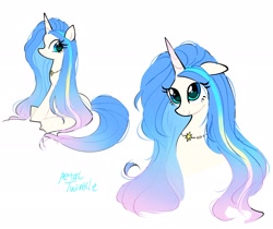 Size: 2048x1723 | Tagged: safe, artist:petaltwinkle, derpibooru import, oc, oc only, pony, unicorn, bust, ears, eye clipping through hair, female, floppy ears, jewelry, long mane, mare, necklace, signature, simple background, sitting, smiling, solo, white background