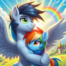 Size: 1024x1024 | Tagged: safe, ai content, derpibooru import, generator:bing image creator, machine learning generated, rainbow dash, soarin', pegasus, pony, duo, duo male and female, female, hug, male, mare, prompter:*rainbow dash*, rainbow, shipping, soarindash, stallion, straight, sun, wrong eye color