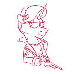 Size: 900x900 | Tagged: safe, artist:fuckomcfuck, derpibooru exclusive, derpibooru import, rarity, pony, unicorn, clothes, cracked horn, gun, horn, jacket, leather, leather jacket, scar, simple background, sniper, solo, the trotting dead, torn clothes, weapon, white background