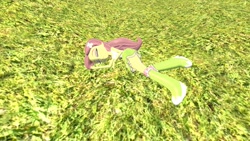 Size: 1920x1080 | Tagged: safe, artist:defeatedgirls, derpibooru import, fluttershy, equestria girls, 3d, arms, boots, clothes, eyes closed, female, fingers, gmod, grass, hairpin, hand, legs, long hair, lying down, makeup, polka dot socks, skirt, sleeping, sleeveless, socks, tanktop, teenager