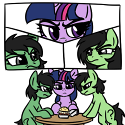 Size: 512x512 | Tagged: safe, artist:anonymous, derpibooru import, ponerpics import, twilight sparkle, oc, oc:anon filly, earth pony, pony, unicorn, /mlp/, 4chan, bipedal, bipedal leaning, burger, comic, female, filly, foal, food, gray eyes, hay burger, imported from twibooru, leaning, looking at each other, looking at someone, mare, mexican standoff, multeity, requested art, simple background, sitting, table, the good the bad and the ugly, transparent background, trio