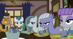 Size: 720x391 | Tagged: safe, derpibooru import, screencap, cloudy quartz, igneous rock pie, limestone pie, marble pie, maud pie, earth pony, hearthbreakers, dinner, evil grin, food, grin, pie family, rock, rock soup, smiling, soup, unamused