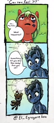 Size: 1729x3899 | Tagged: safe, artist:gorebox, derpibooru import, earth pony, pegasus, comic, pen drawing, sonic the hedgehog (series), speech bubble, tails doll, traditional art