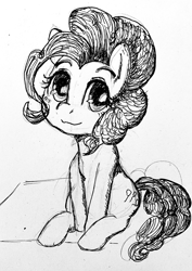 Size: 1448x2048 | Tagged: safe, artist:gorebox, derpibooru import, pinkie pie, earth pony, black and white, grayscale, monochrome, pen sketch, pencil, pencil drawing, sitting, traditional art