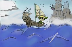Size: 3873x2553 | Tagged: safe, artist:gorebox, derpibooru import, discord, bird, pony, seagull, unicorn, boat, colored, crossover, link, mountain, ocean, pen drawing, ship, the legend of zelda, the legend of zelda: the wind waker, traditional art, water
