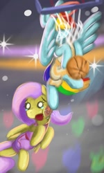 Size: 828x1378 | Tagged: safe, artist:gorebox, derpibooru import, fluttershy, rainbow dash, pegasus, basketball, digital art, kick, slam dunk, sports