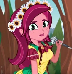 Size: 561x573 | Tagged: safe, ai content, derpibooru import, machine learning generated, gloriosa daisy, equestria girls, legend of everfree, clothes swap, floral head wreath, flower, generator:fotor, microphone, solo