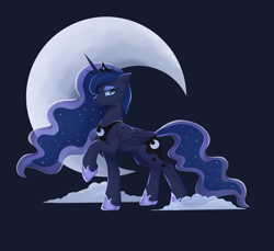 Size: 2520x2310 | Tagged: safe, artist:ghoasthead, derpibooru import, princess luna, alicorn, pony, g4, blue background, cloud, concave belly, crescent moon, crown, female, flowing mane, folded wings, high res, jewelry, lidded eyes, looking at you, looking sideways, mare, moon, peytral, profile, raised hoof, raised leg, regalia, side view, simple background, smiling, smiling at you, solo, wings